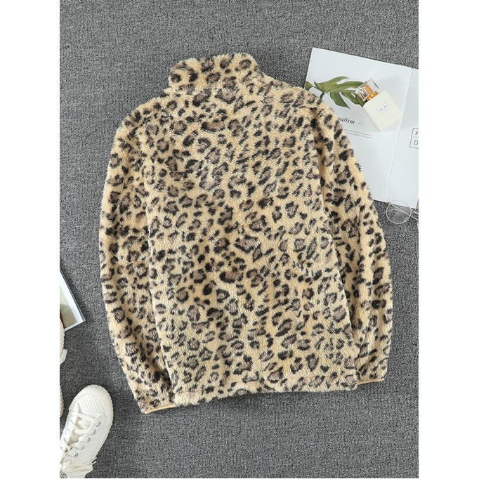 casual leopard print zipper sweatshirt