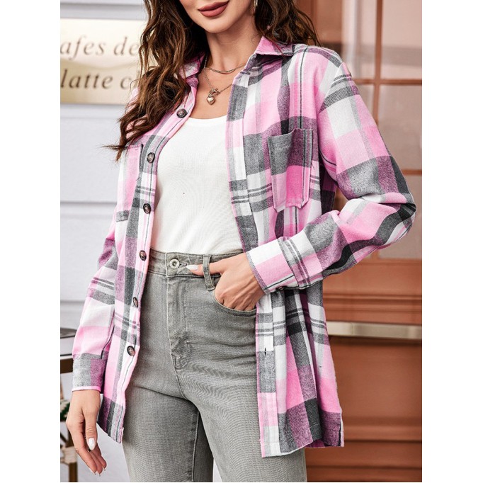 Casual Pink Plaid Single Breasted Long Sleeve Jacket