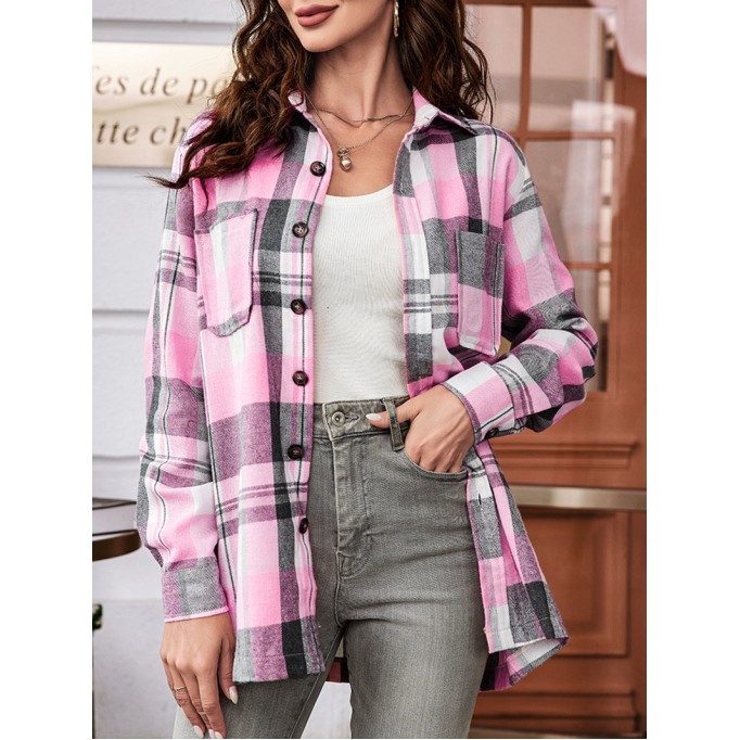 Casual Pink Plaid Single Breasted Long Sleeve Jacket