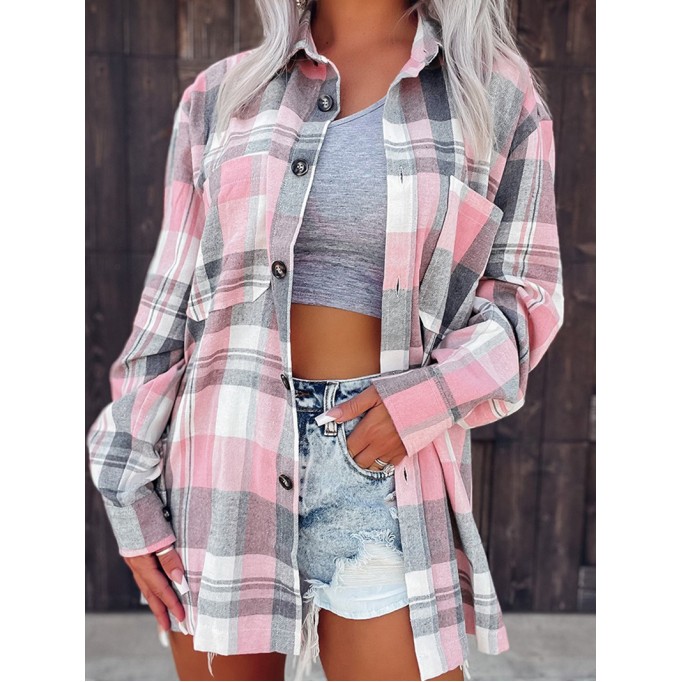 Casual Pink Plaid Single Breasted Long Sleeve Jacket