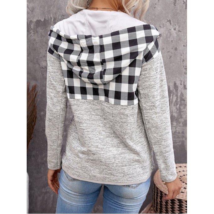 Casual plaid buttoned hooded sweatshirt