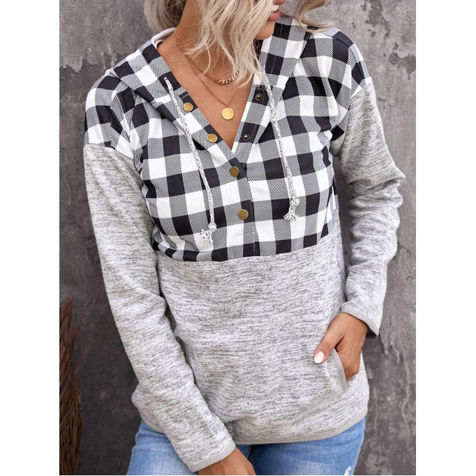 Casual plaid buttoned hooded sweatshirt