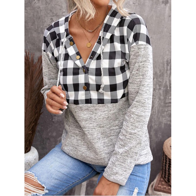 Casual plaid buttoned hooded sweatshirt