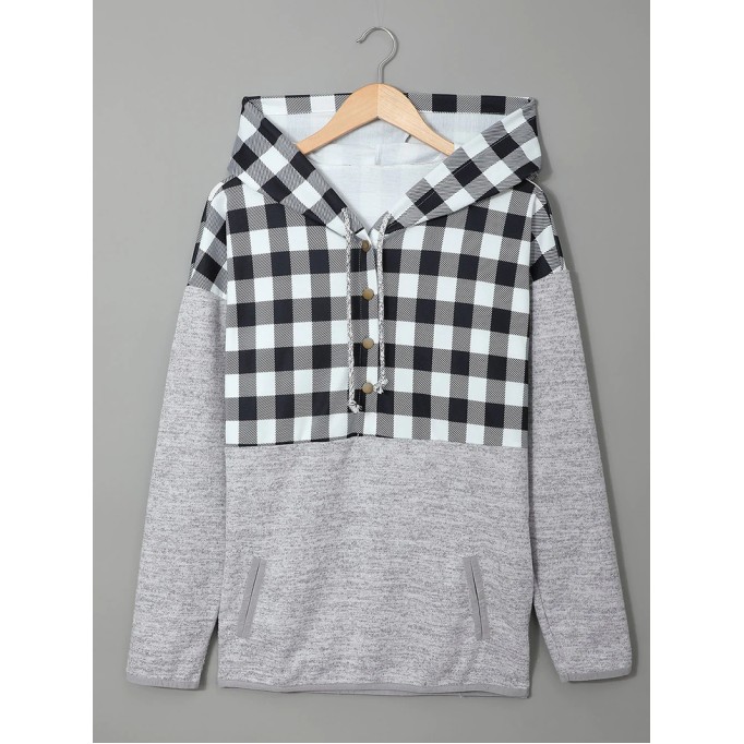 Casual plaid buttoned hooded sweatshirt