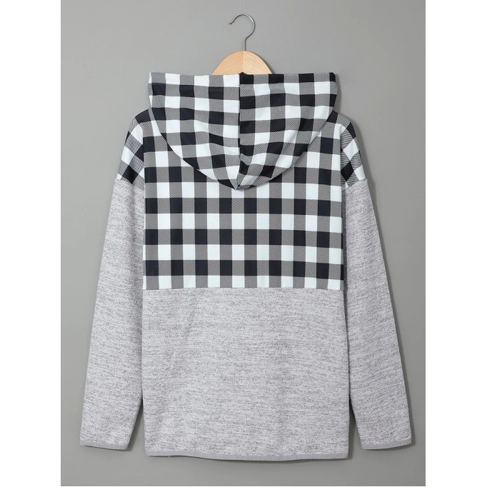 Casual plaid buttoned hooded sweatshirt