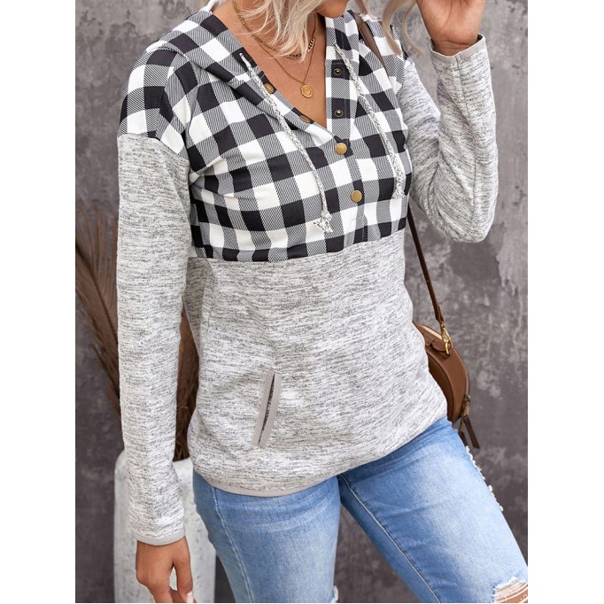 Casual plaid buttoned hooded sweatshirt
