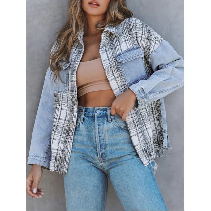 Casual plaid fringed denim jacket