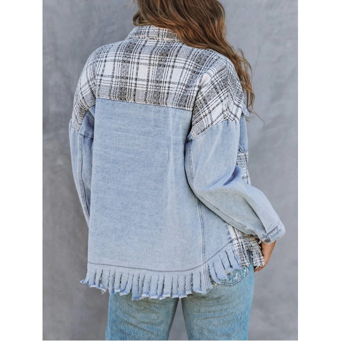 Casual plaid fringed denim jacket
