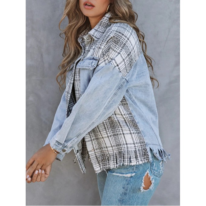 Casual plaid fringed denim jacket
