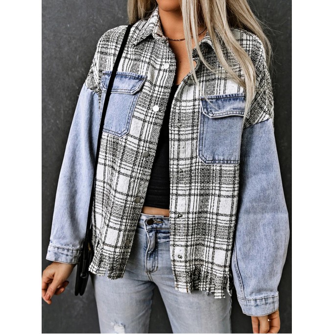 Casual plaid fringed denim jacket