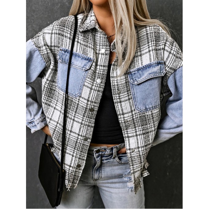 Casual plaid fringed denim jacket