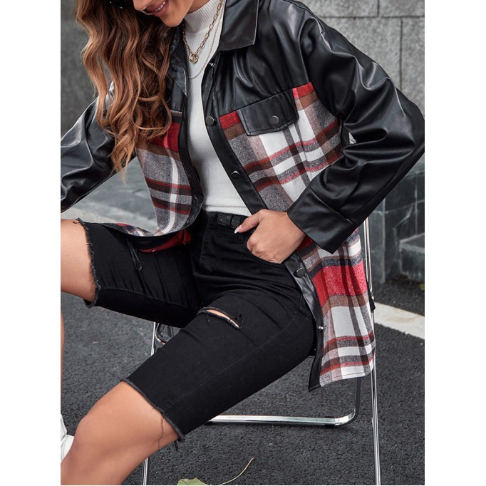 Casual plaid patchwork leather jacket