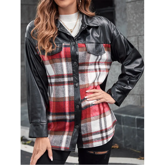 Casual plaid patchwork leather jacket