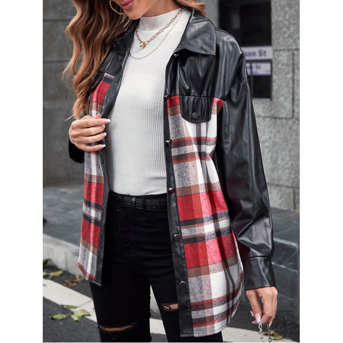 Casual plaid patchwork leather jacket