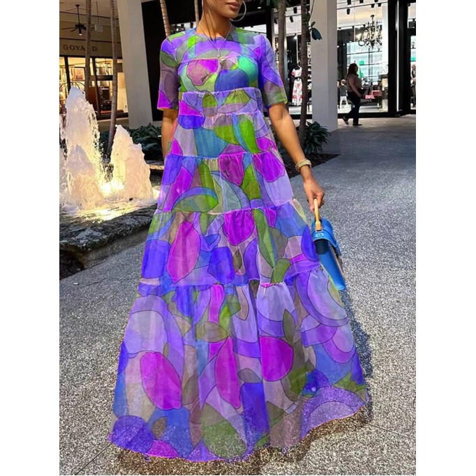 casual printed long sleeve short sleeve dress