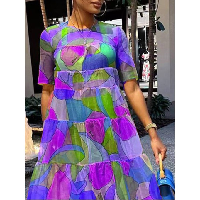 casual printed long sleeve short sleeve dress