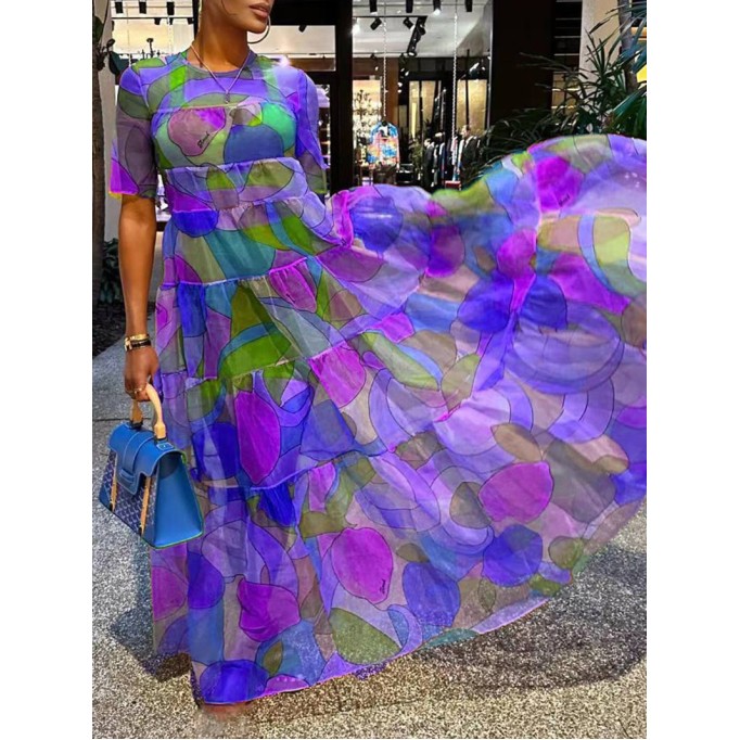 casual printed long sleeve short sleeve dress