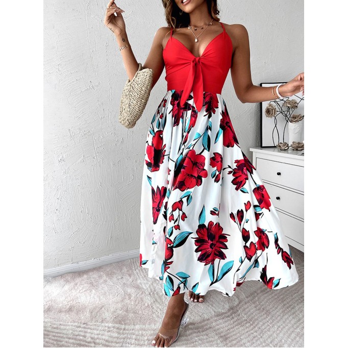 Casual printed patchwork suspender dress