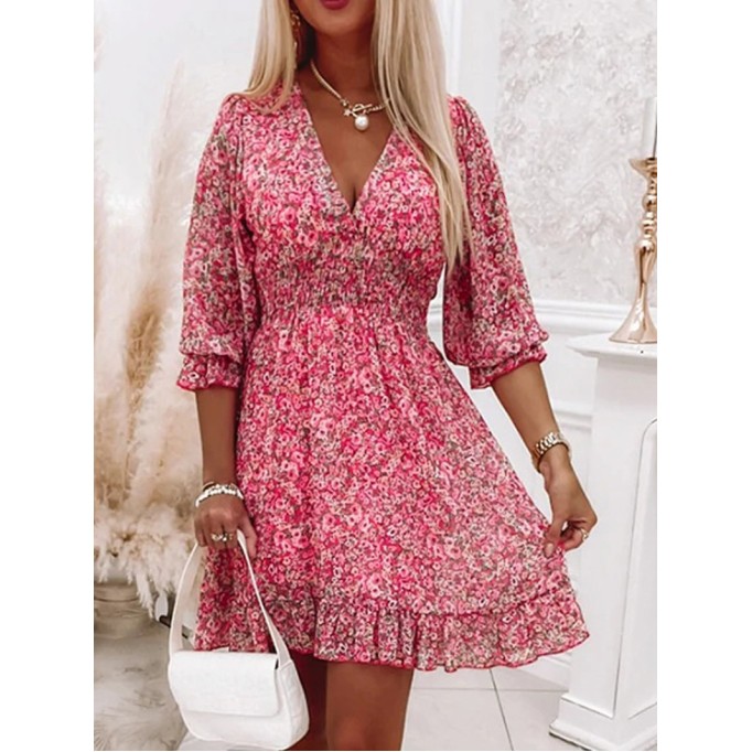 Casual printed V-neck mini dress