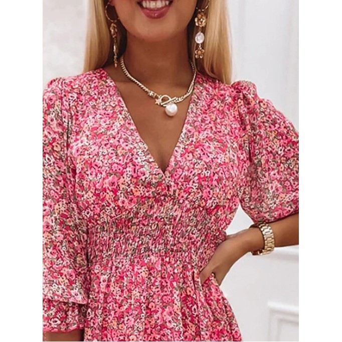 Casual printed V-neck mini dress