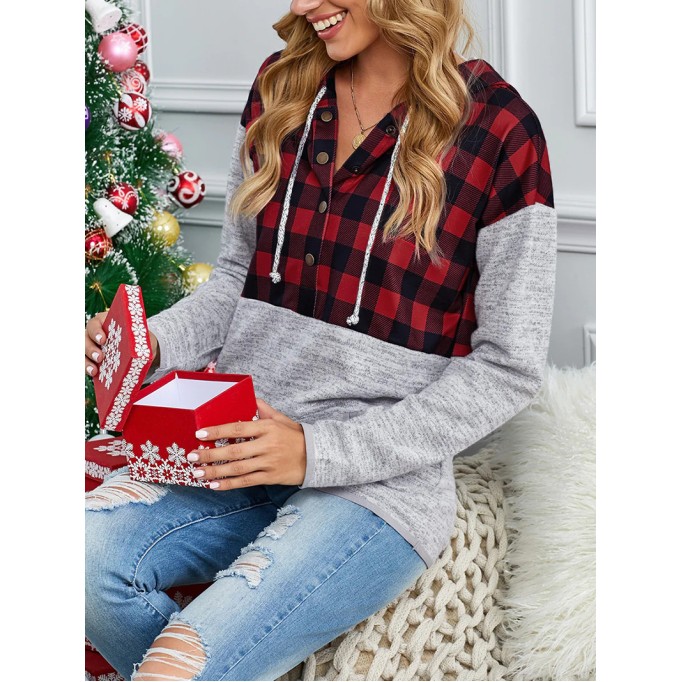 Casual red and black plaid hooded sweatshirt