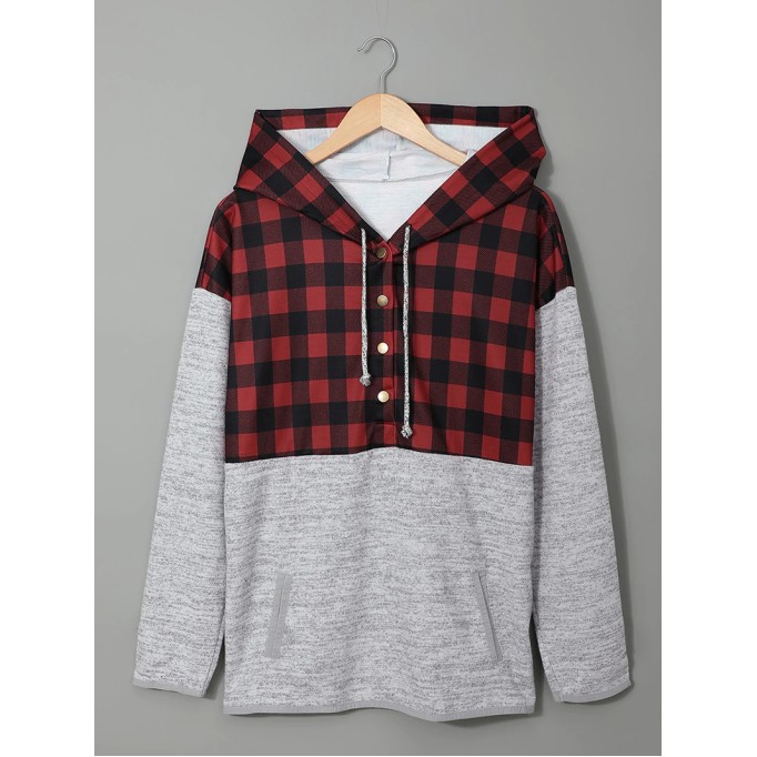 Casual red and black plaid hooded sweatshirt