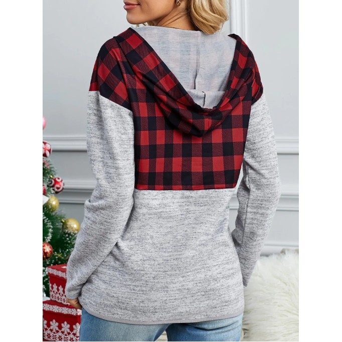 Casual red and black plaid hooded sweatshirt
