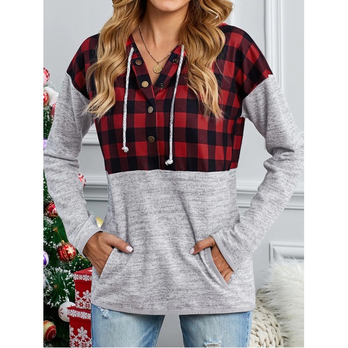 Casual red and black plaid hooded sweatshirt