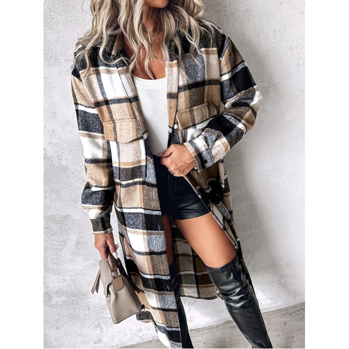 Casual retro contrast plaid long coat