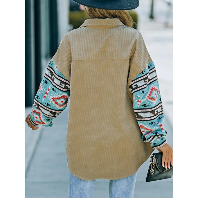 Casual retro printed patchwork corduroy jacket