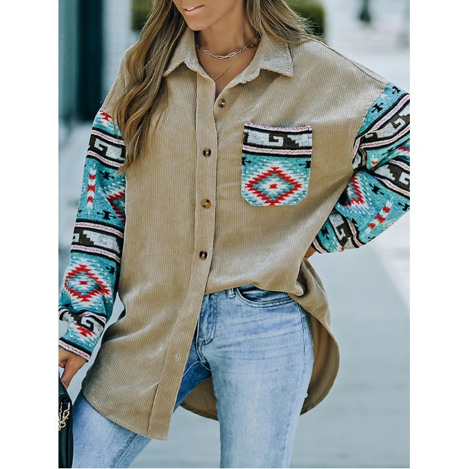 Casual retro printed patchwork corduroy jacket