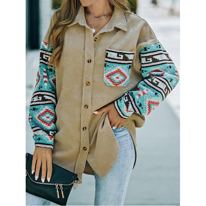 Casual retro printed patchwork corduroy jacket
