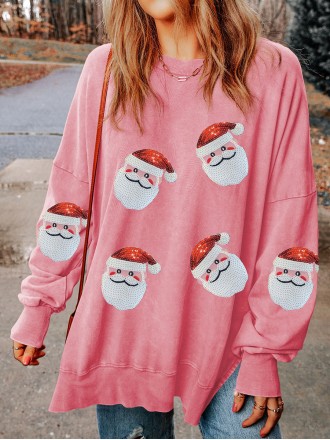 Casual Santa Claus printed pink sweatshirt