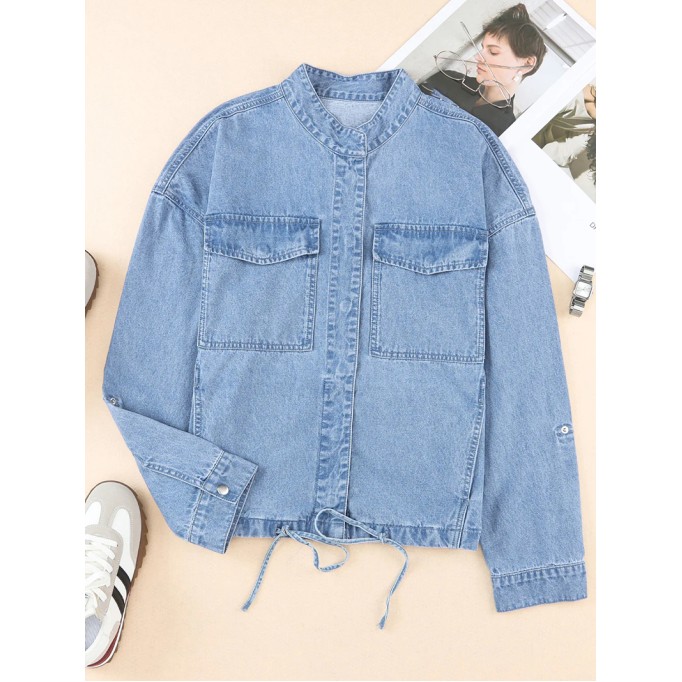 Casual solid color drawstring denim jacket