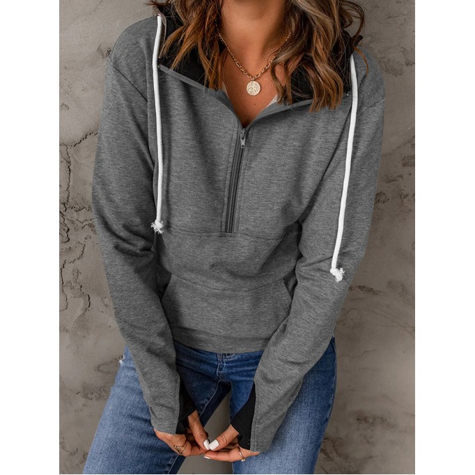 Casual solid color drawstring zipper sweatshirt