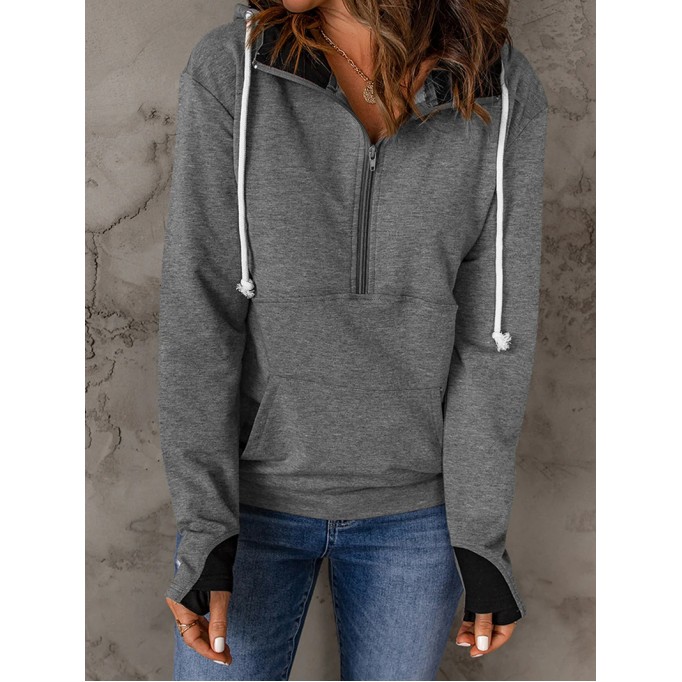 Casual solid color drawstring zipper sweatshirt