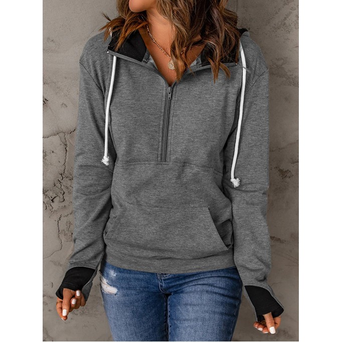 Casual solid color drawstring zipper sweatshirt