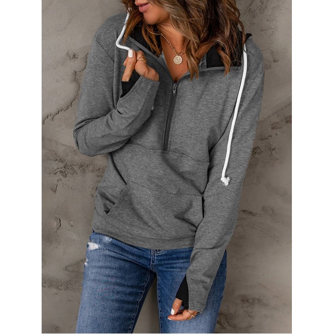Casual solid color drawstring zipper sweatshirt