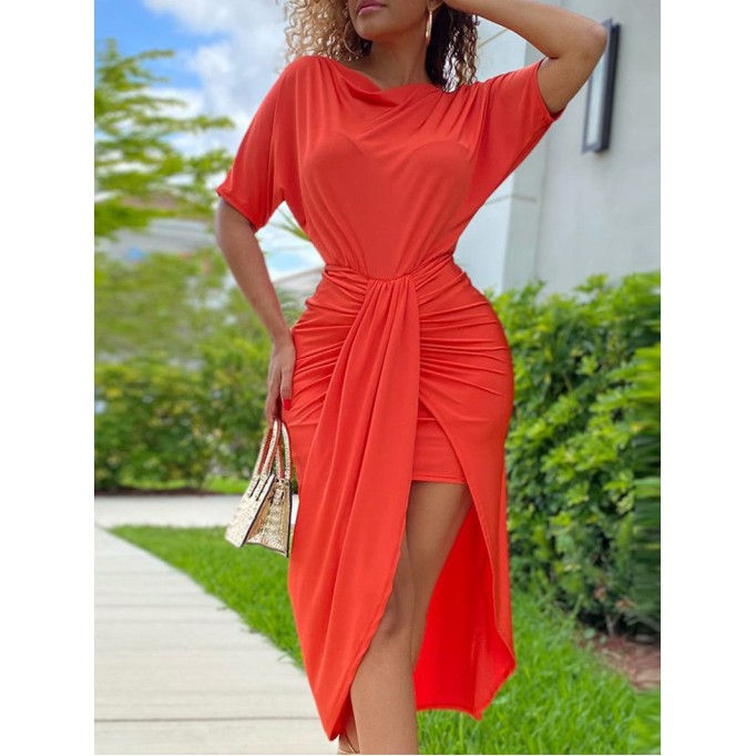 Casual solid color irregular short sleeve dress