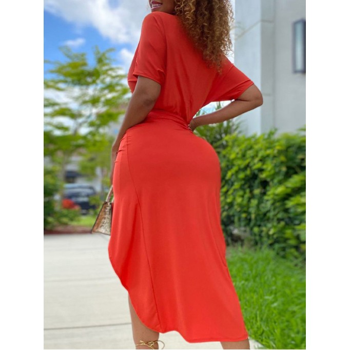 Casual solid color irregular short sleeve dress