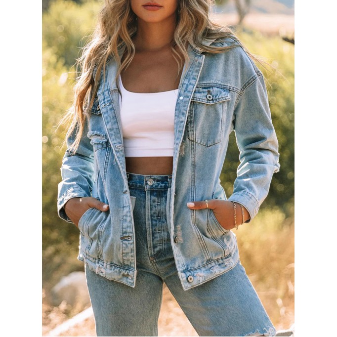 Casual solid color patchwork hooded denim jacket