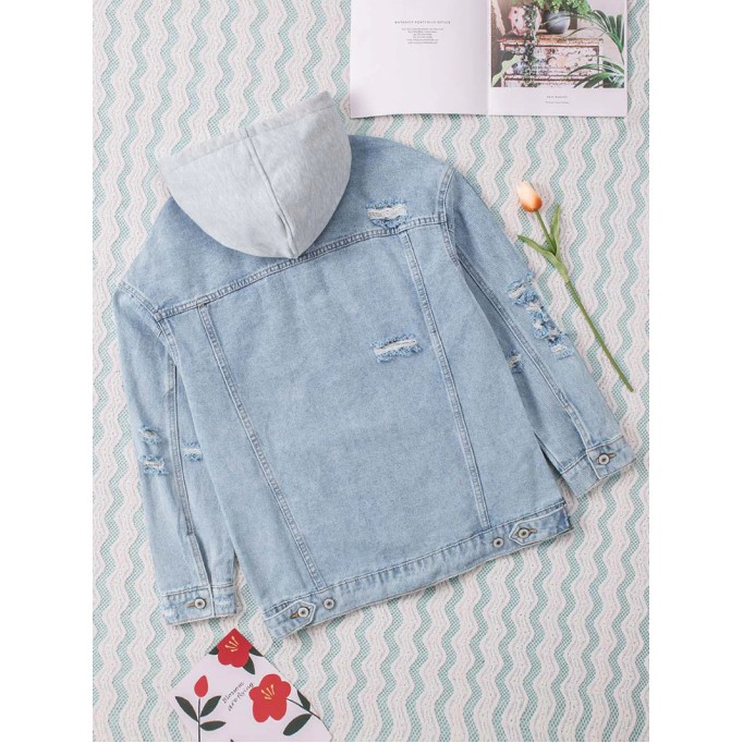 Casual solid color patchwork hooded denim jacket
