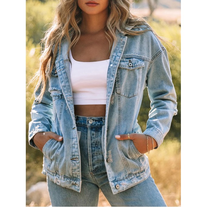 Casual solid color patchwork hooded denim jacket