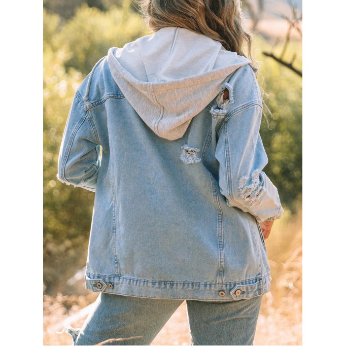 Casual solid color patchwork hooded denim jacket