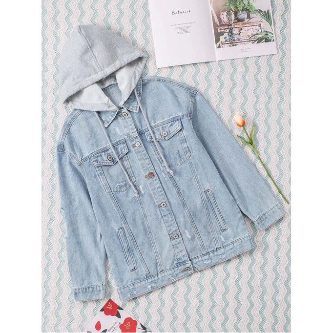 Casual solid color patchwork hooded denim jacket
