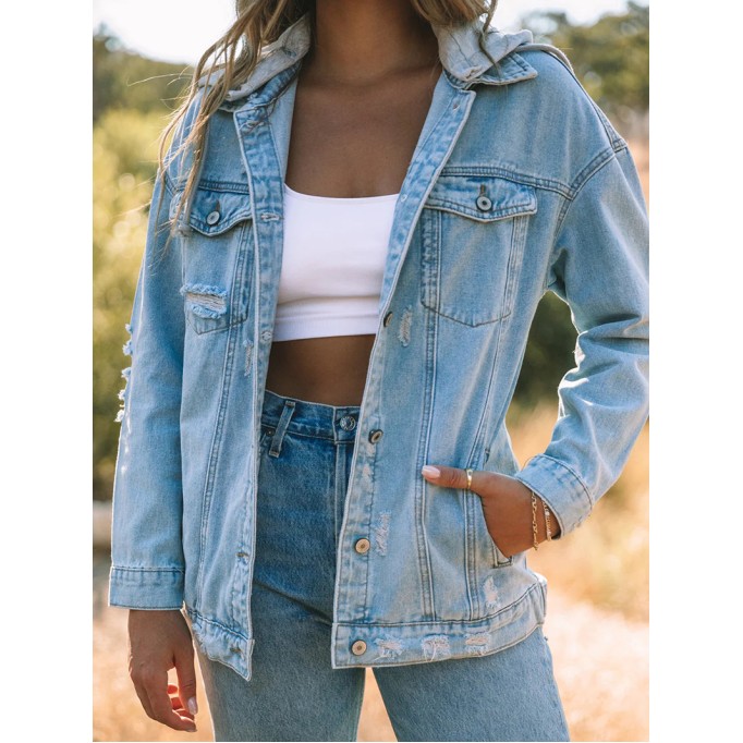 Casual solid color patchwork hooded denim jacket