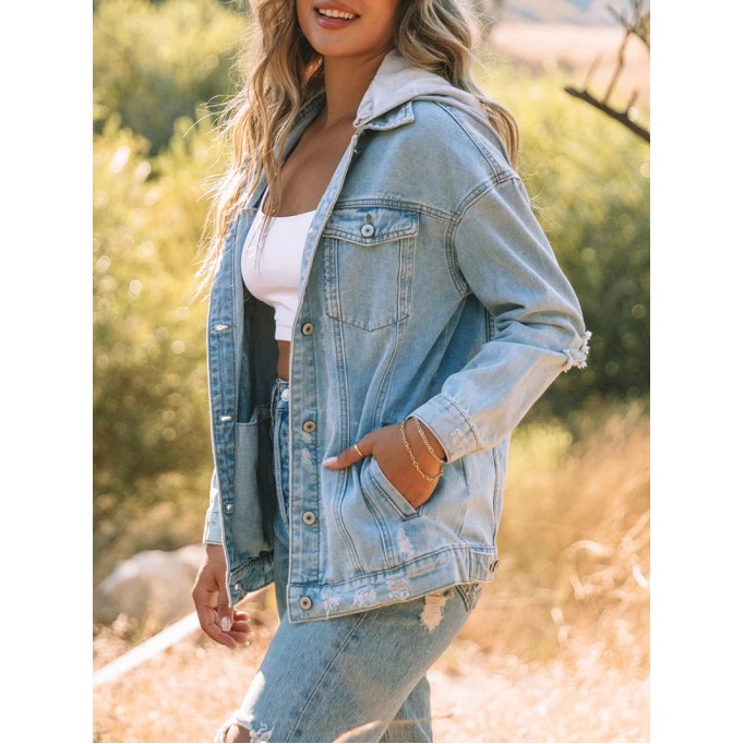 Casual solid color patchwork hooded denim jacket