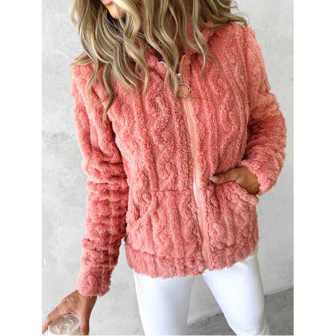 casual solid color plush hooded jacket