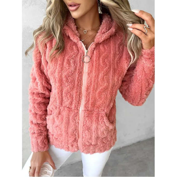 casual solid color plush hooded jacket