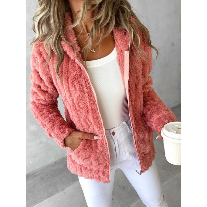 casual solid color plush hooded jacket